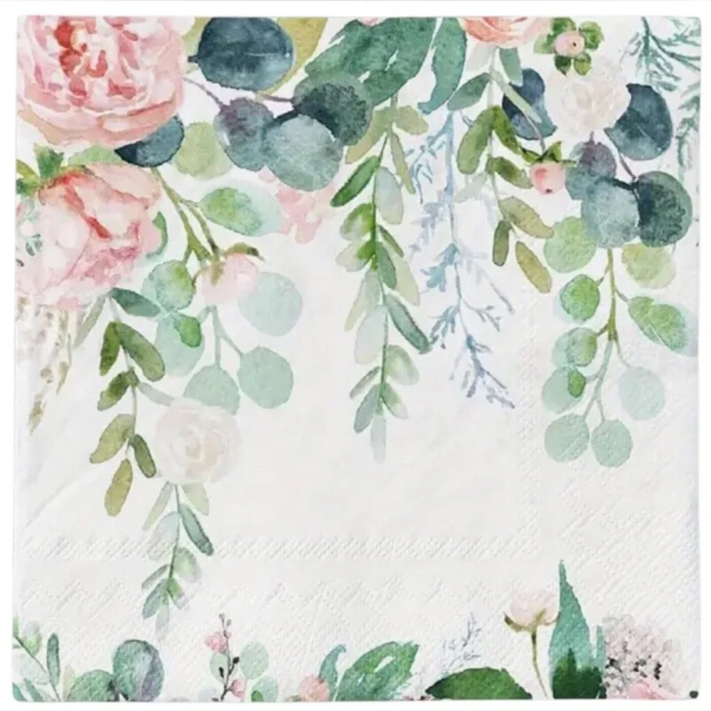 Pink Roses with Eucalyptus Luncheon Paper Napkins, 20ct